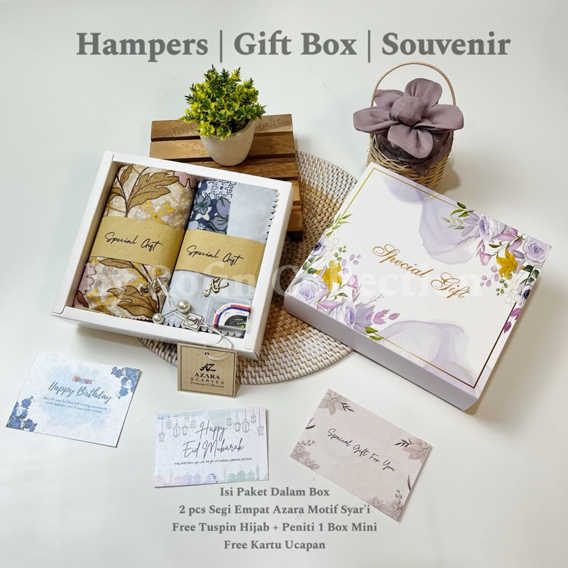 Hampers Gift Box Souvenir Hijab Paket Isi 2pcs Segi Empat Azara Motif Syar’i