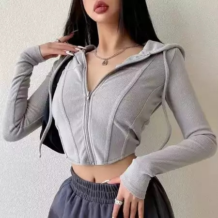 Hot Sale Julyfashion - Long Sleeve Reina Hoodie Crop Top Zipper / Jaket Zipper Sweater Crop Top
