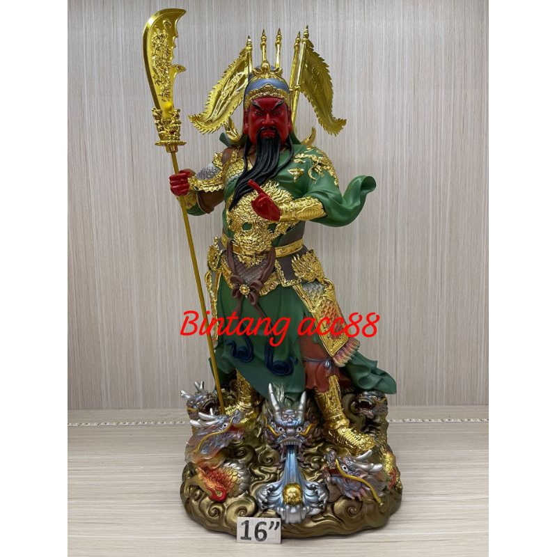 patung dewa kwan kong / kwan kung / kwan te - 16inch - fiber - bendera - naga - 2 jari