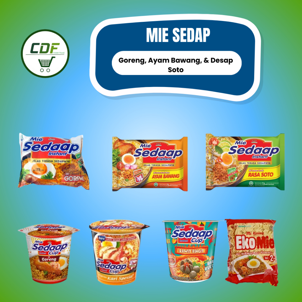 

TERLENGKAP VARIAN MIE SEDAP : Sedap Goreng/ Sedap Ayam Bawang/ Sedap Soto/ Cup Goreng/ Cup Kari Special/ Cup Baso/ Ekomie