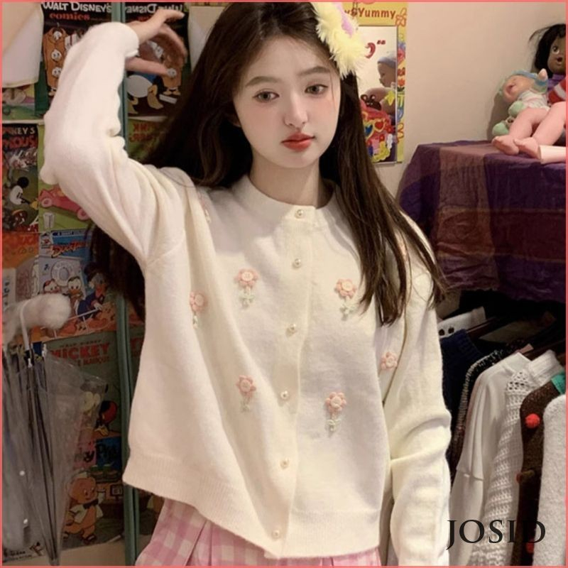 Sweater Kardigan Rajutan Bunga Tiga Dimensi Manis Korea untuk Wanita JD