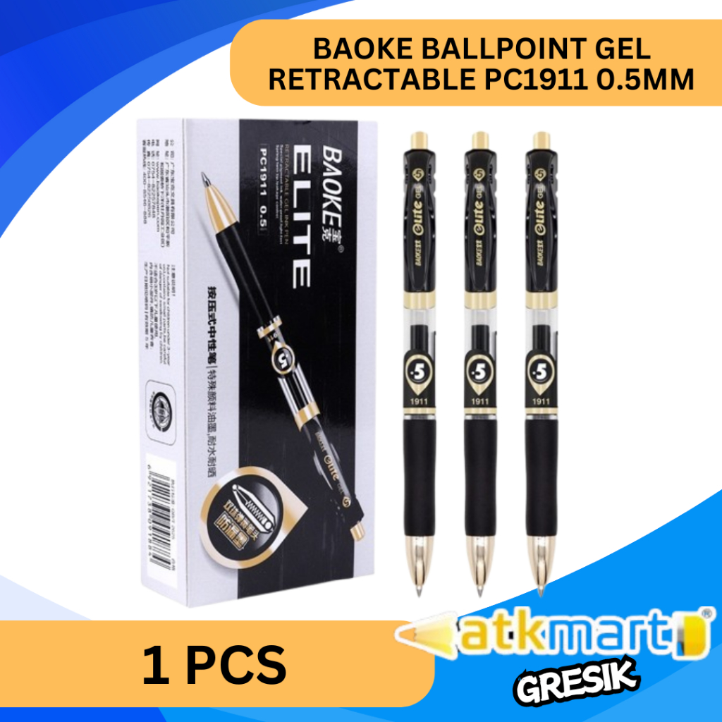 

BAOKE BALLPOINT GEL RETRACTABLE PC1911 0.5MM BLACK / BALLPOINT ELITE ESTETIK ELEGAN / PULPEN TEBAL