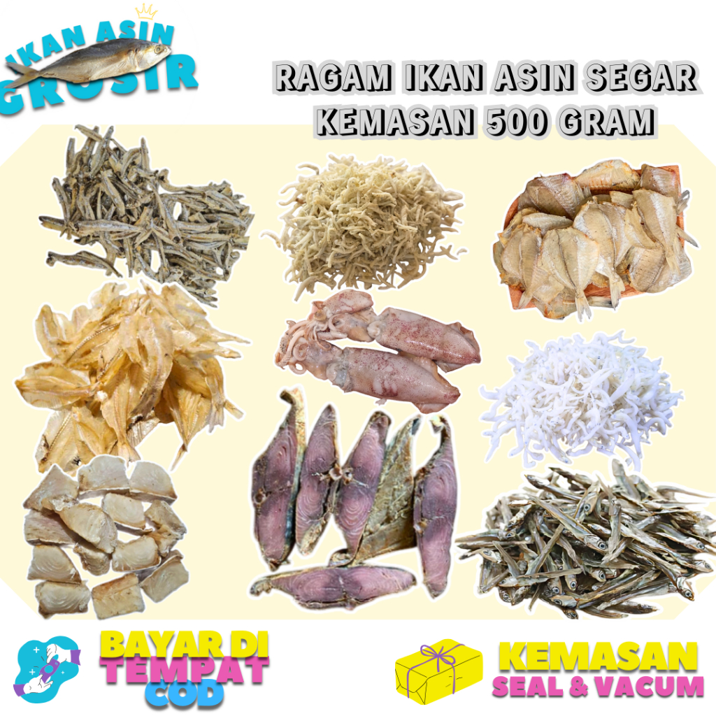 

Grosir Ikan Asin Kemasan 500 gram /Cumi Telur/Teri Nasi /Dendeng Asin /Peda Merah /Udang Rebon