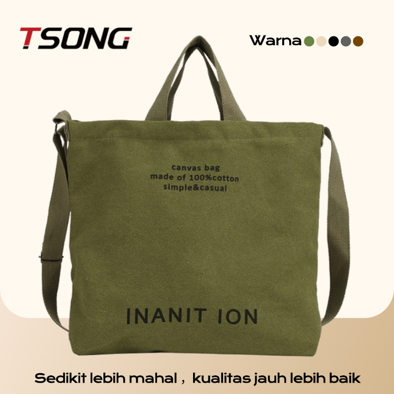 TSONG Tas Selempang Kain Kanvas Retro Besar Kapasitas Warna Hijau Tas Samping Pria Wanita Unisex Tas