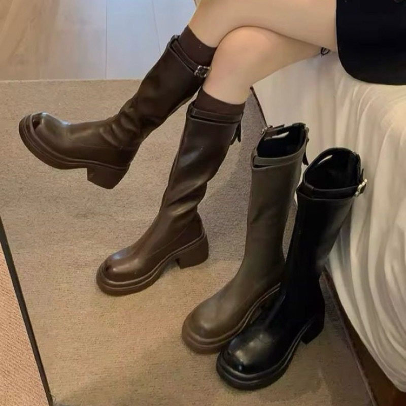 Chunky booted heels 7cm high ankle boots sepatu wanita hak tahu kantor kerja sepatu kulit casual dai