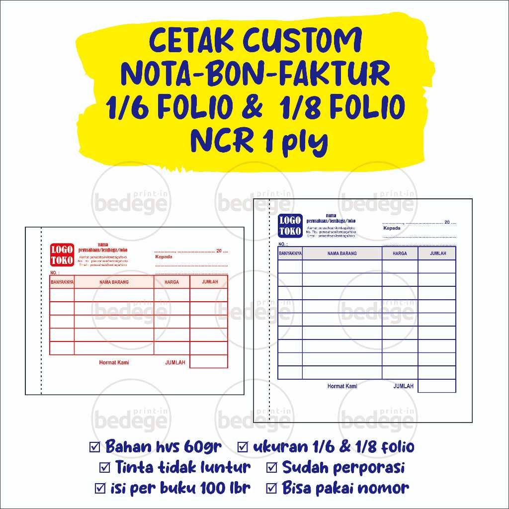 

CETAK NOTA BON FAKTUR CUSTOM 1PLY, NAMA TOKO,PERUSAHAAN, LEMBAGA. UKURAN 1/6 FOLIO (10CM X 10 CM) DAN 1/8 FOLIO (10CM X 8 CM)