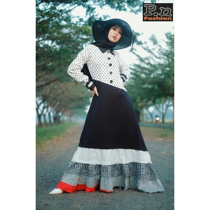 P.N Fashion Gamis Polkadot Hitam Putih#baju keren #baju gaul #baju trendi #baju kekinian #bajuremaja