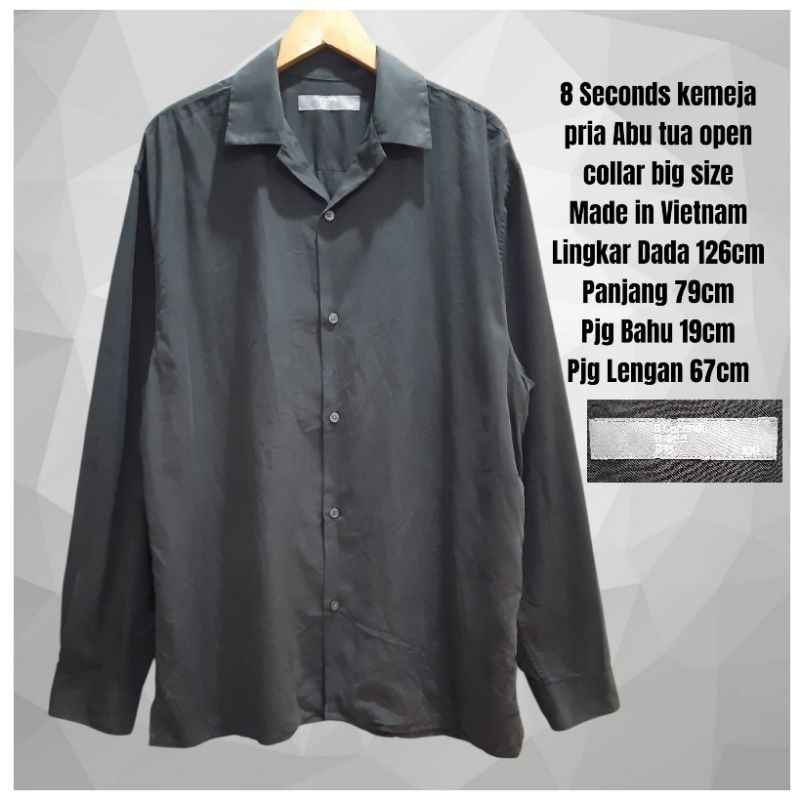 8 Seconds kemeja pria Abu tua open collar big size