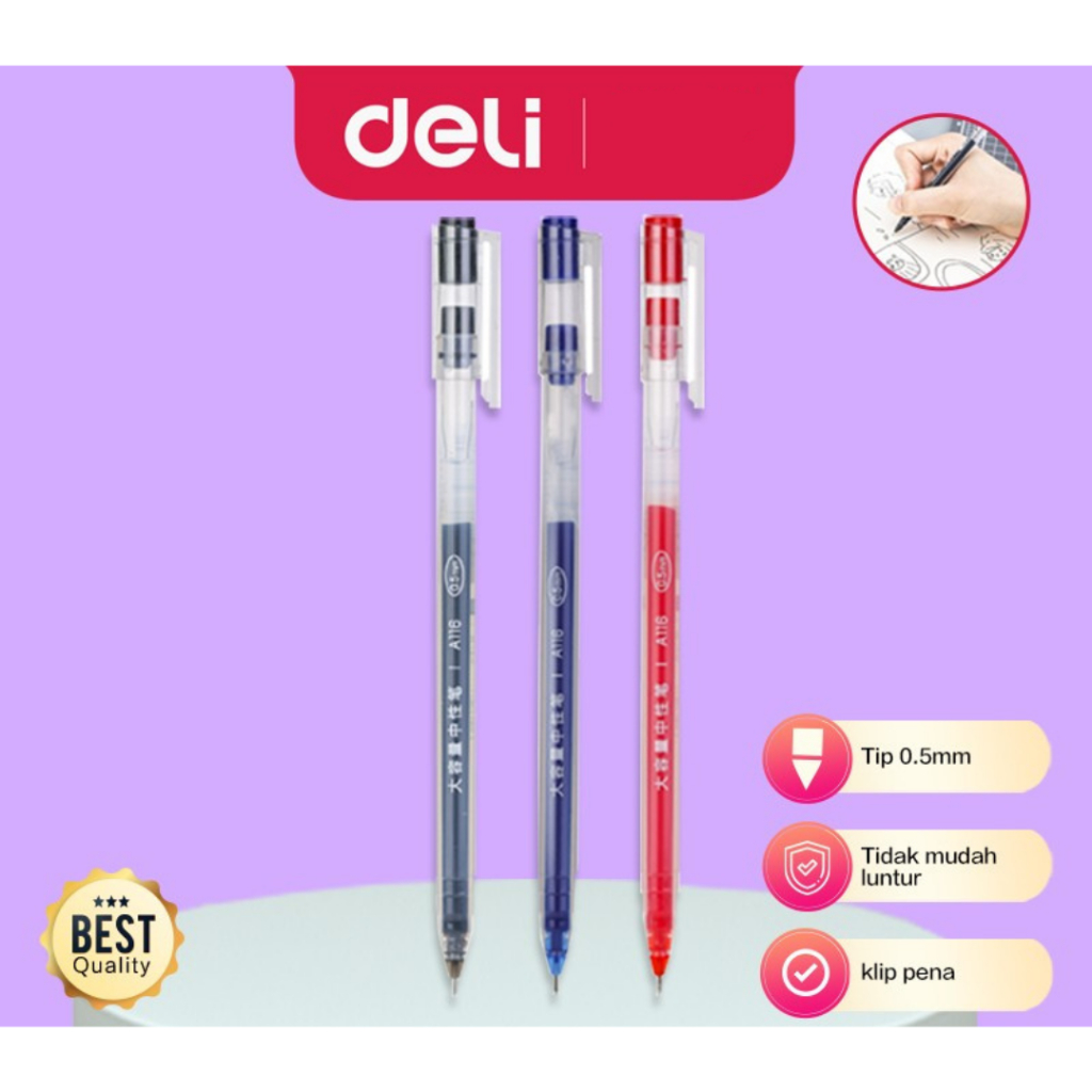 

Pulpen Gel DELI A116 0.5 mm Isi 12 Tinta Hitam / Biru / Merah