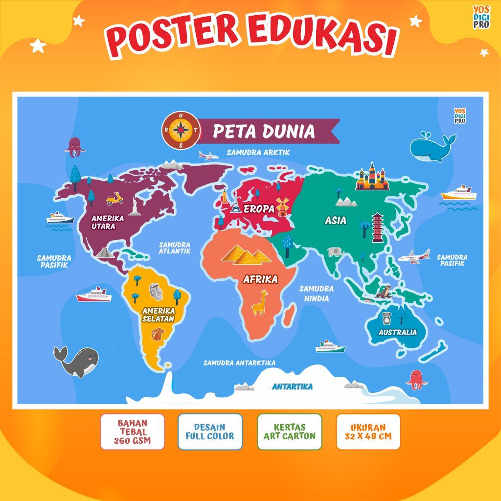 Poster Peta Dunia / Poster Edukasi Peta Dunia Untuk Anak