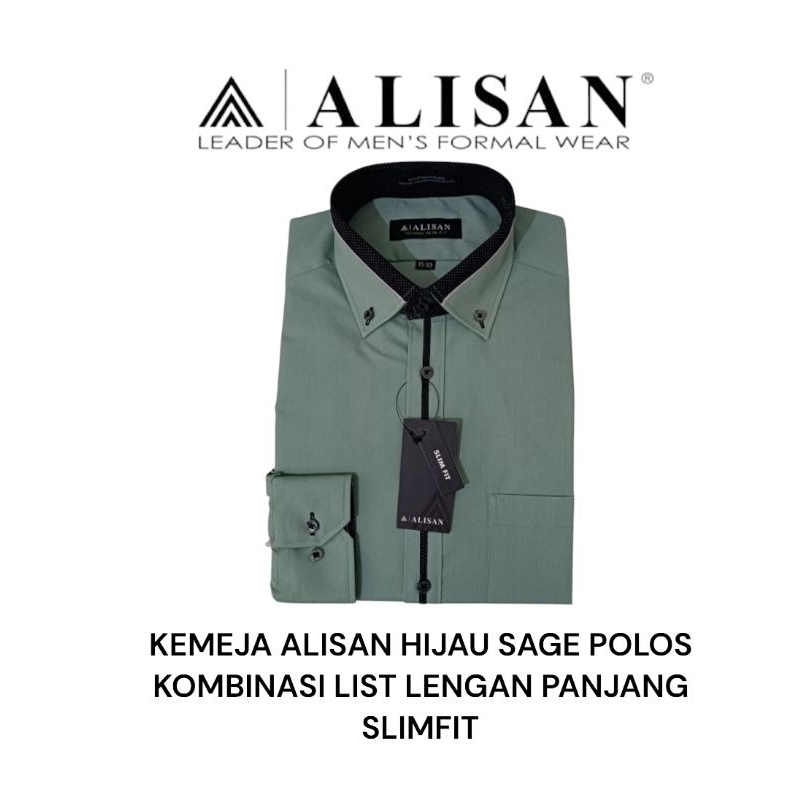 Kemeja Alisan Hijau Sage Polos Kombinasi List Tengah Lengan Panjang Slimfit