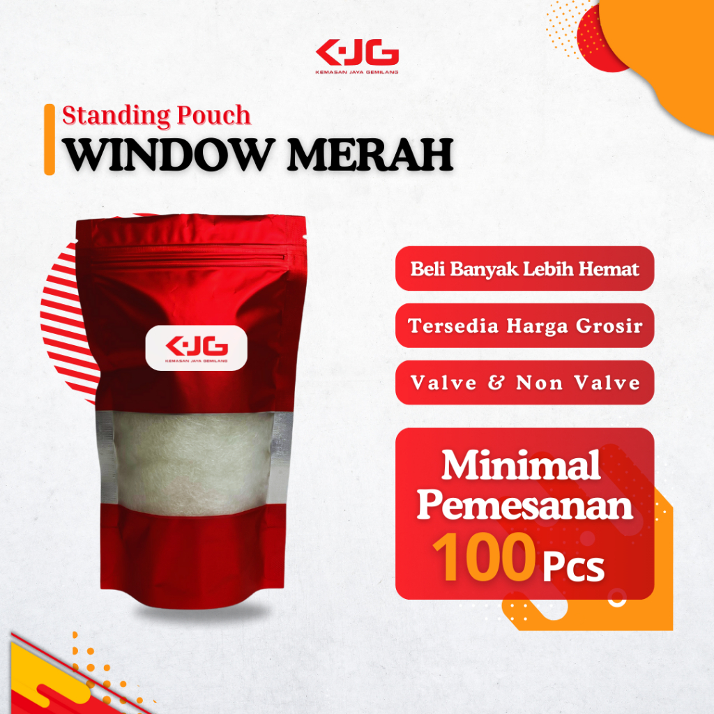 Kemasan Standing Pouch Window Merah Ziplock Plastik Packaging Makanan dan Kopi Premium