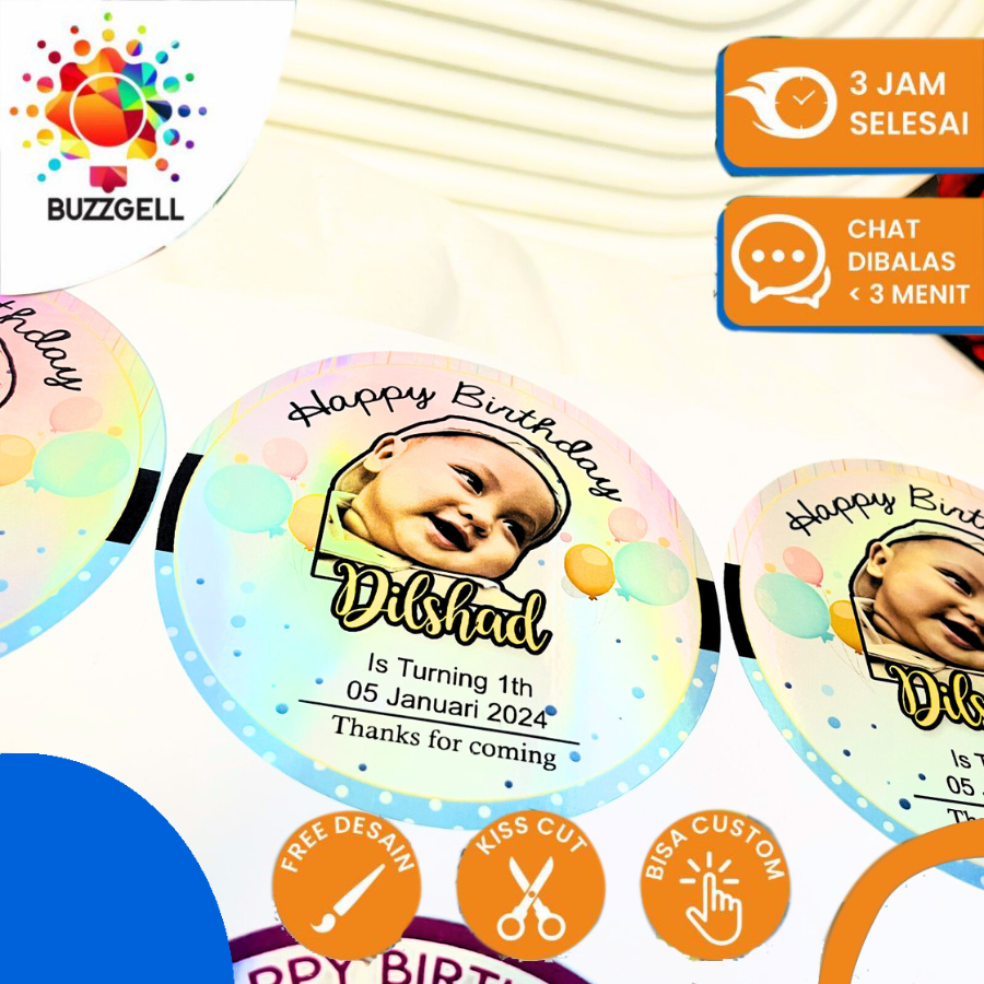 

2-4 Buzzgell Stiker Hologram Ulang Tahun Anak Anti Air Label Sticker Undangan Happy Birthday