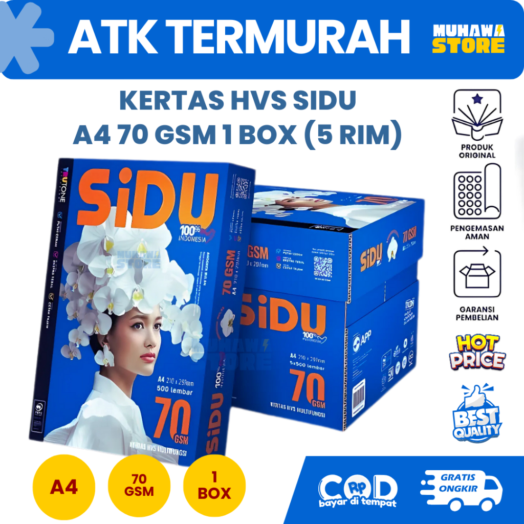 

1 BOX KERTAS HVS A4 MEREK SIDU 70 GSM 5 RIM