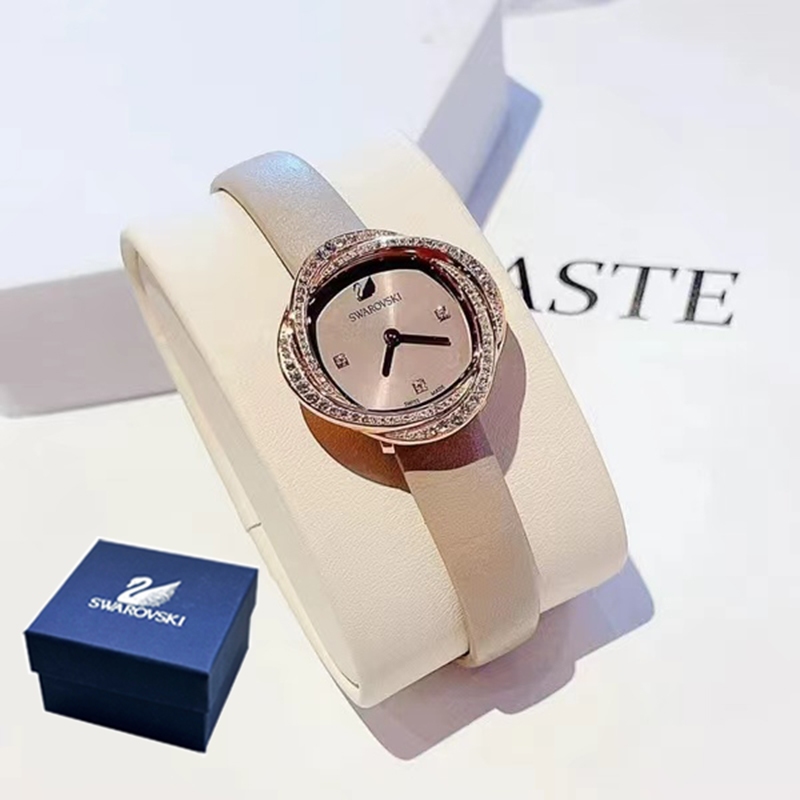 Swarovski Jam Tangan Wanita Fashion Quartz Kulit Wanita Kasual Sederhana Berlian Imitasi