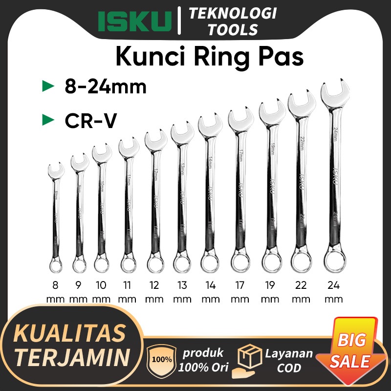 Isku Kunci Ring Pas Set 8-24mm 11pcs Dengan Tas Penyimpanan Alat Kunci Ring Pas/Kunci Pas