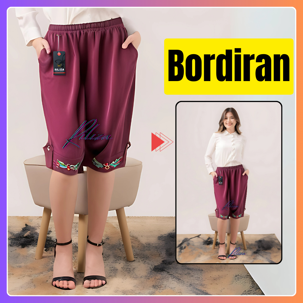 Celana Pendek Wanita Santai Selutut Motif Bordir Korea Style Murah Bahan Katun Kaos Pinggang Karet