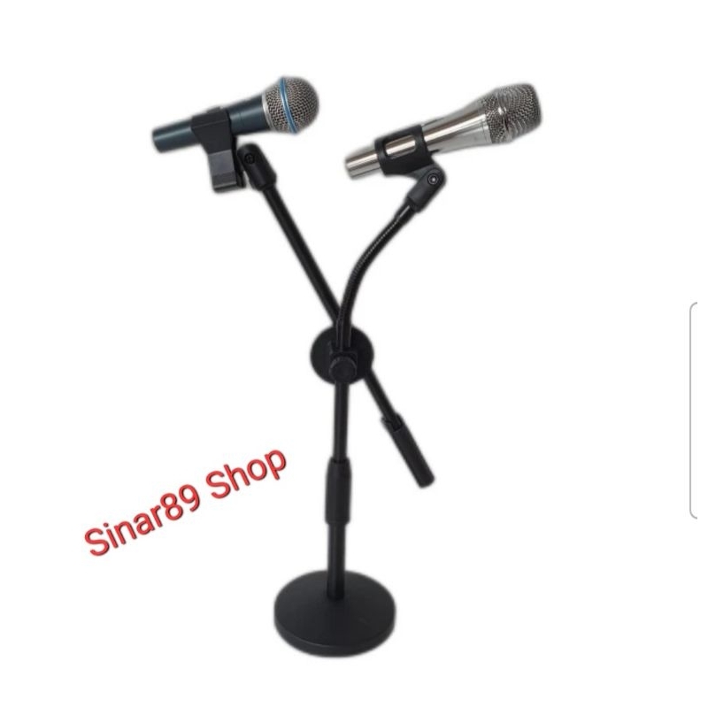 Tiang Mic Meja / Stand Mic Meja / Tripod Mic Meja Double Mic Spiral, Full Besi.