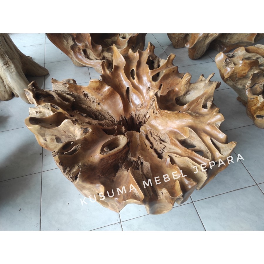 Meja Kopi Meja Tamu Akar Kayu Jati Solid Bulat (Diameter 100cm Tinggi 45cm)