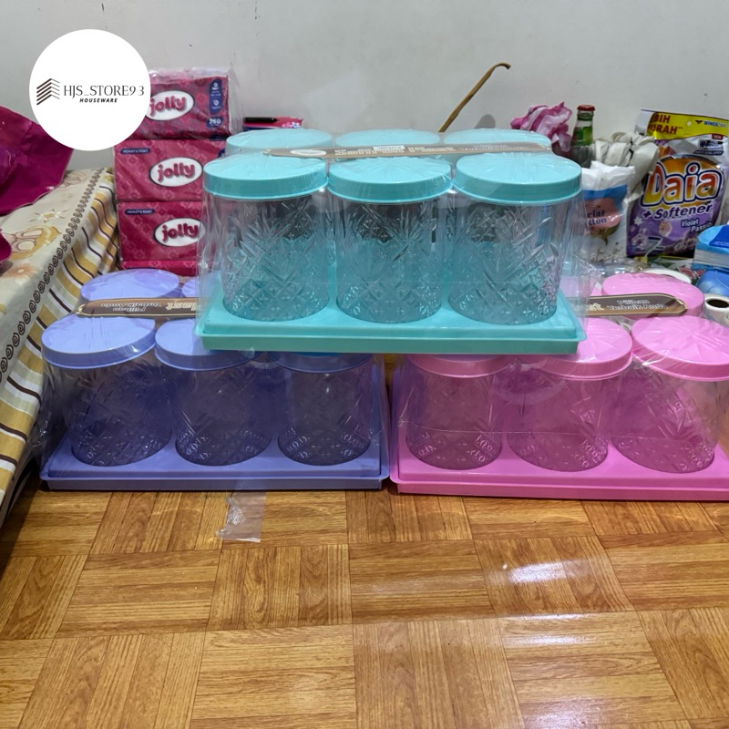 Toples Clover M set isi 6 + nampan cantik / toples kue kering / toples mika tebal drat