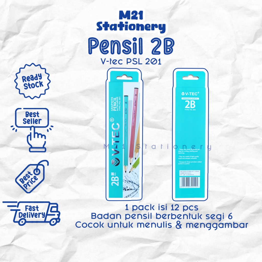 

(12 PCS) PENSIL 2B V-TEC PSL 201 / 1 pack pak vtec psl201 pencil kayu pena original menulis graphite menggambar sket sketch anak alat tulis sekolah kuliah atk kantor stationery murah / m21 stationery jogja