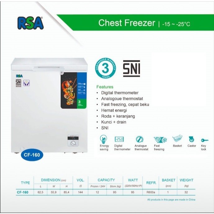 FREEZER RSA CF-160 CHEST FREEZER [ 144 LITER ] FREEZER BOX