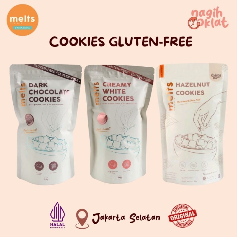 

MELTS Cookies Gluten Free 90gr Dark Chocolate - Creamy White - Hazelnut | Snack Kukis Sereal Sarapan rasa Cokelat Plant Based Vegan - @nagihcoklat