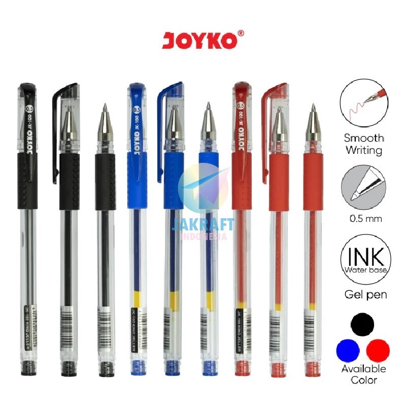 

(1 Pcs) Pulpen Gel Pen JOYKO King Jeller JK-100 Hitam Black / Biru Blue / Merah Red Tebal 0.5 mm Water Resistant Anti Air