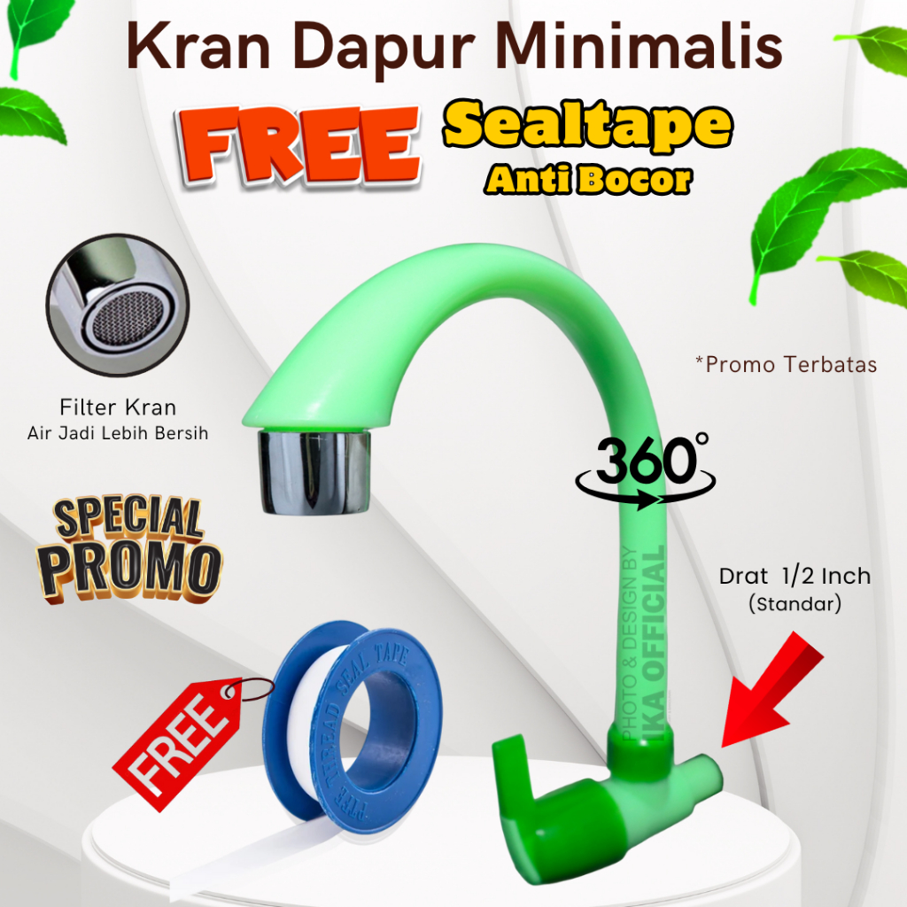 Paket Kran Angsa Westafel Warna Hijau PVC + Free Sealtape / Keran Dapur Cuci Piring Wastafel Murah