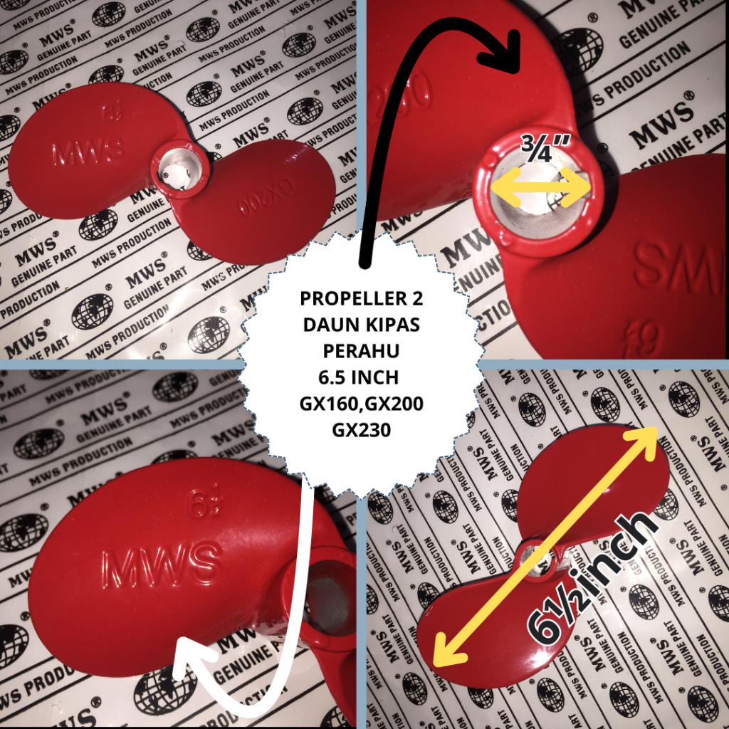 GX160 GX200 GX220 GX230 6,5INCH 6.5" LUBANG AS 3/4" PROPELLER ALUMUNIUM 2 DAUN KIPAS PERAHU BALING B