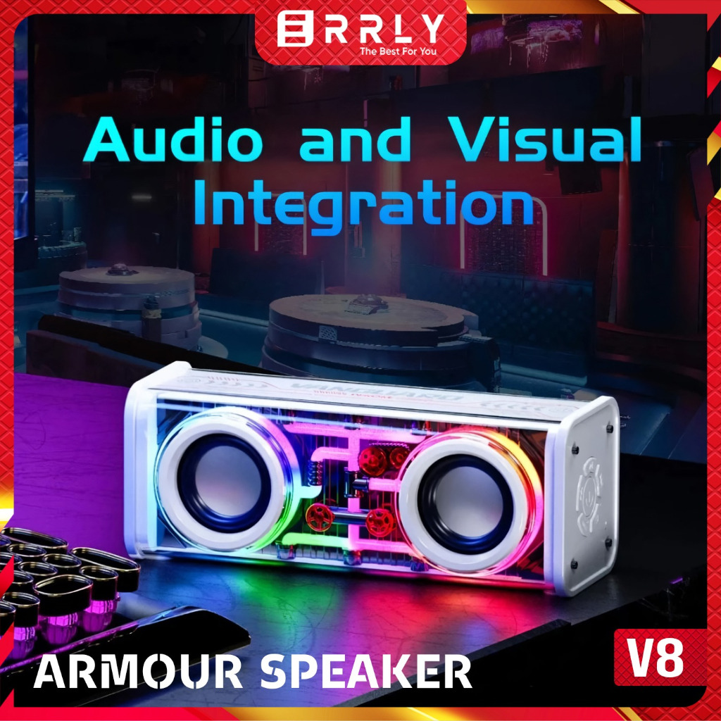 Speaker V8 ARMOUR Speaker Bluetooth V8 10W Double Subwoofer Music BASS RGB LED Light Transparent Spe
