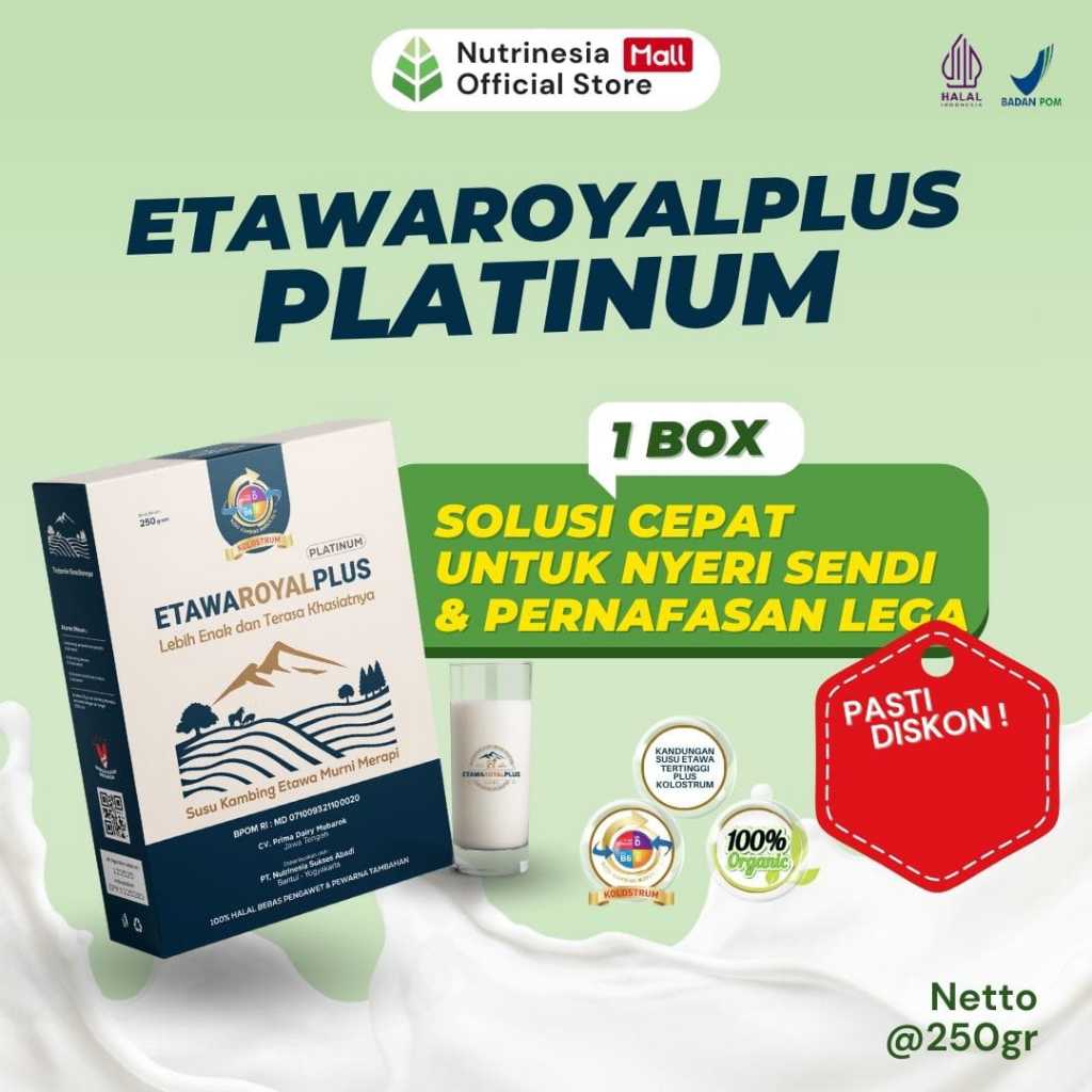 

ETAWAROYALPLUS Platinum - Susu Kambing Etawa Untuk Ashma, Sesak Nafas, Rematik dan Nyeri Sendi -Kemasan 250gr Paket 1 Box