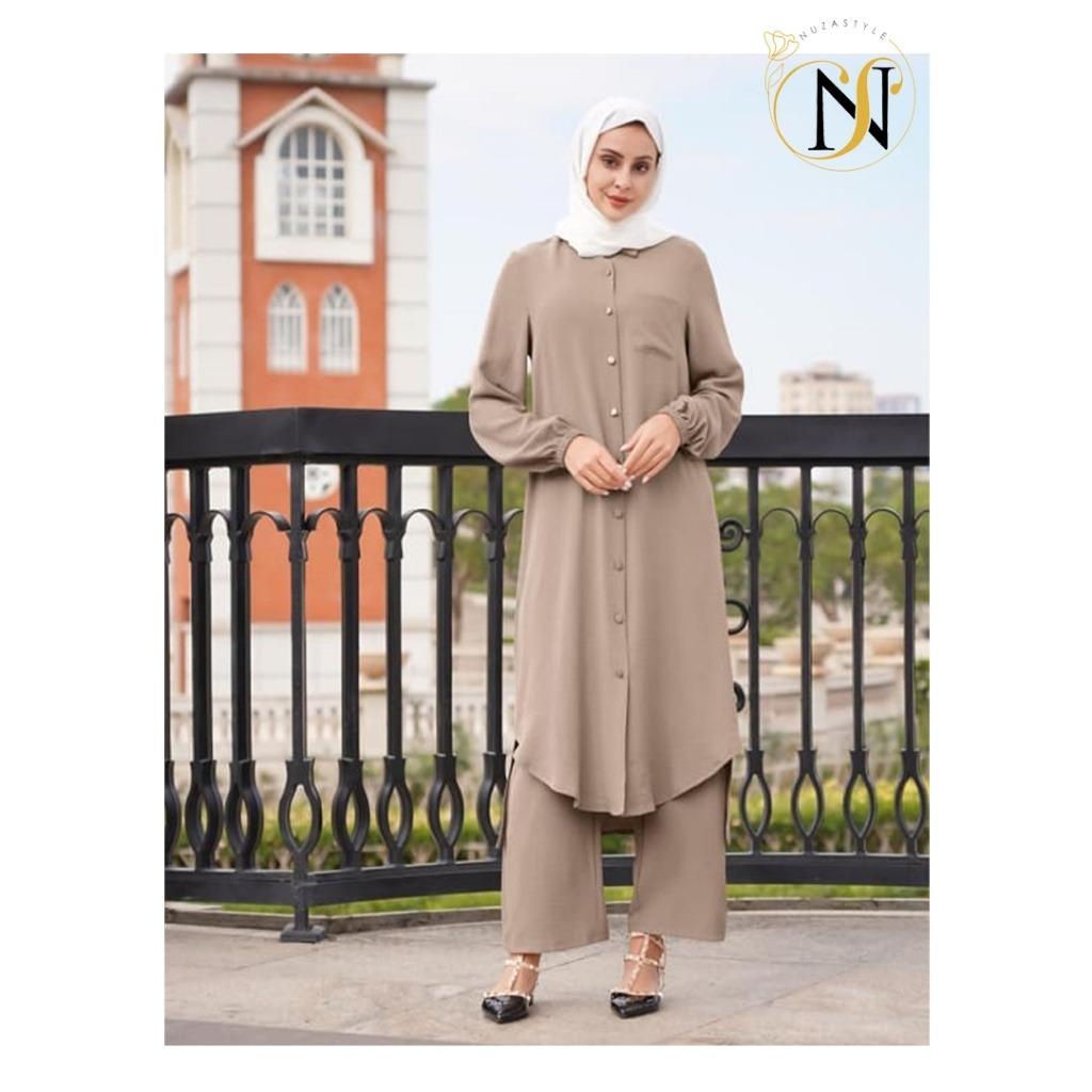Dress Setelan Wanita Polos One set Tunik Crinkle Airflow Premium All Size Atasan dan Celana by 𝐍𝐔𝐙𝐀𝐒