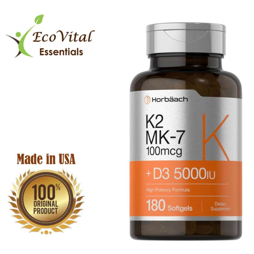 Vitamin D3 K2 (D3 5000iu + K2 100mcg) Horbaach, 180softgels. High Potency Formula.