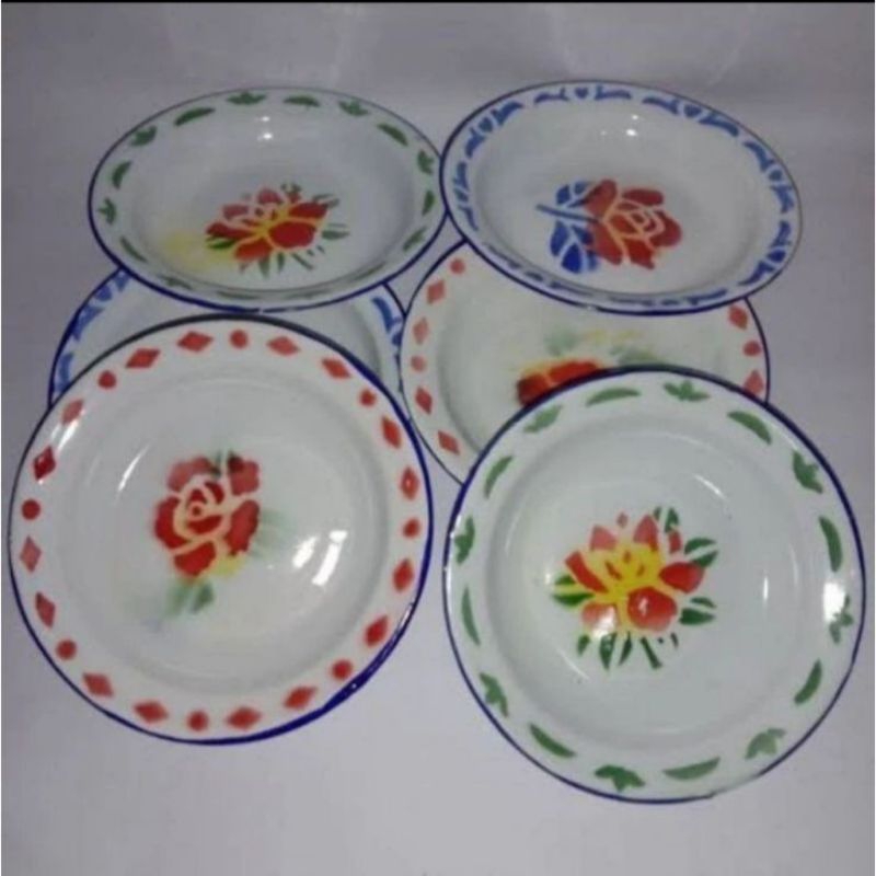 Piring makan seng jadul 20 cm enamel kembang tebal kualitas import per 1 lusin