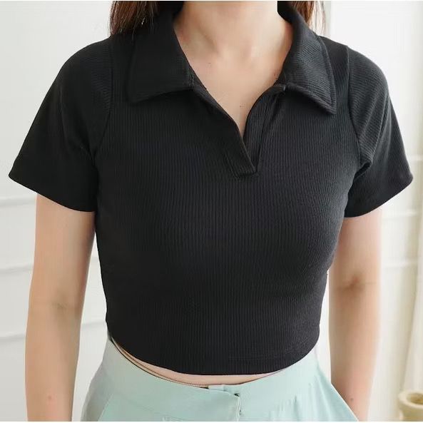 Toply shop Atasan wanita crop top kerah v neck  / crop top Knit rib korea style