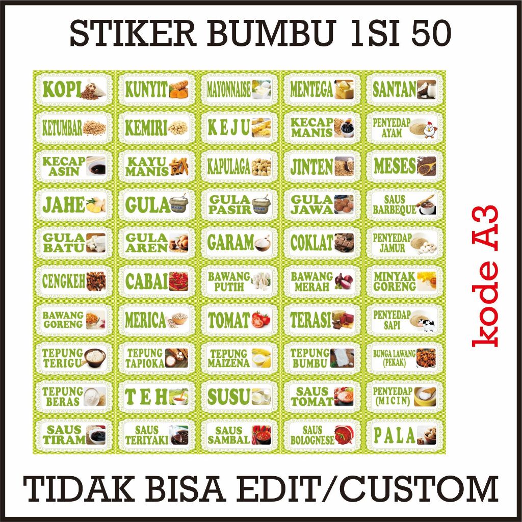 

A3-Ready stiker bumbu isi 50 tidak bisa edit atau custom