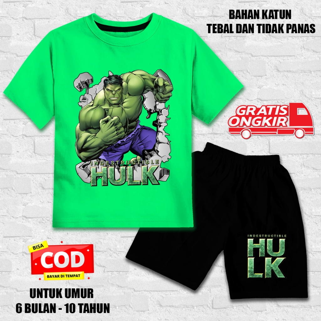 Setelan lengan pendek anak laki laki perempuan set kaos anak katun celana hitam hulk