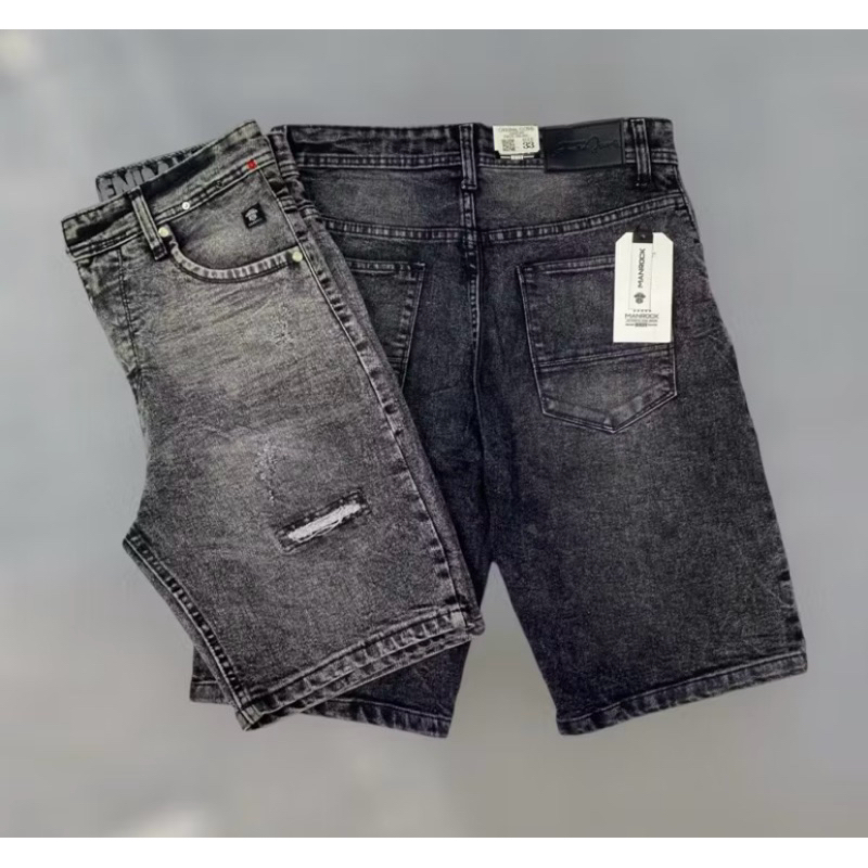 Celana Pendek Cowo Jeans Sobek Selvedges Snow & Black Premium