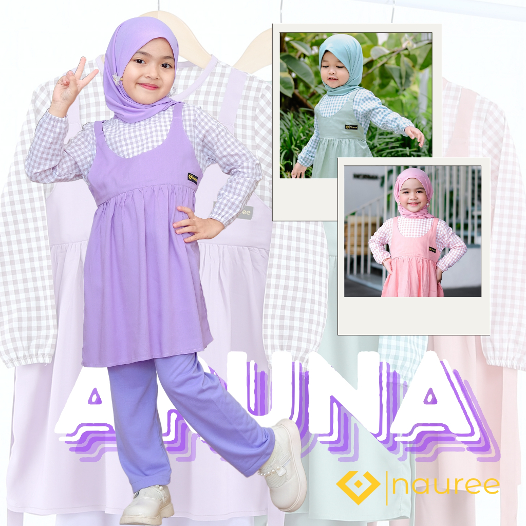 One Set Anak Perempuan Aruna | Setelan Tunik Celana Rayon Adem | Usia 6–8 Tahun