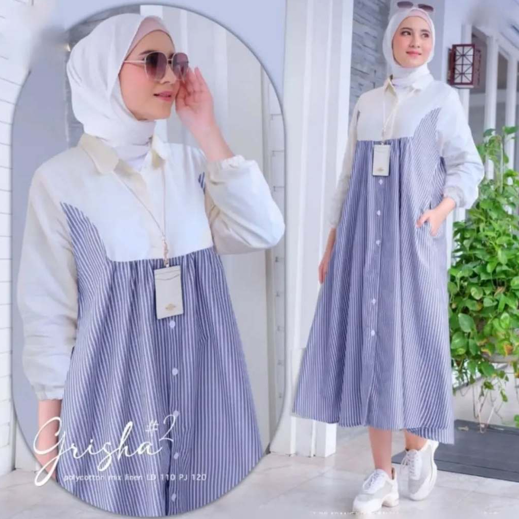 Grisha Midi Dress Polo Linen Mix Katun Gamis Remaja Terbaru 2025 Dress Wanita Muslim Korean Style