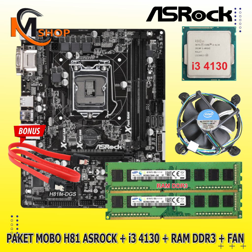 Paket Mobo Mainboard Intel Soket 1150 H81 Asrock DDR3 + Processor Intel Core i3 4130 + Fan