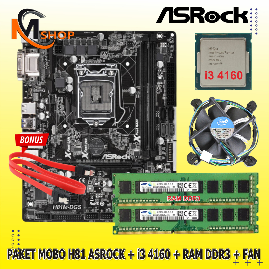 Paket Mainboard Motherboard Socket 1150 H81 DDR3 + Processor Core i3 4160 + Fan