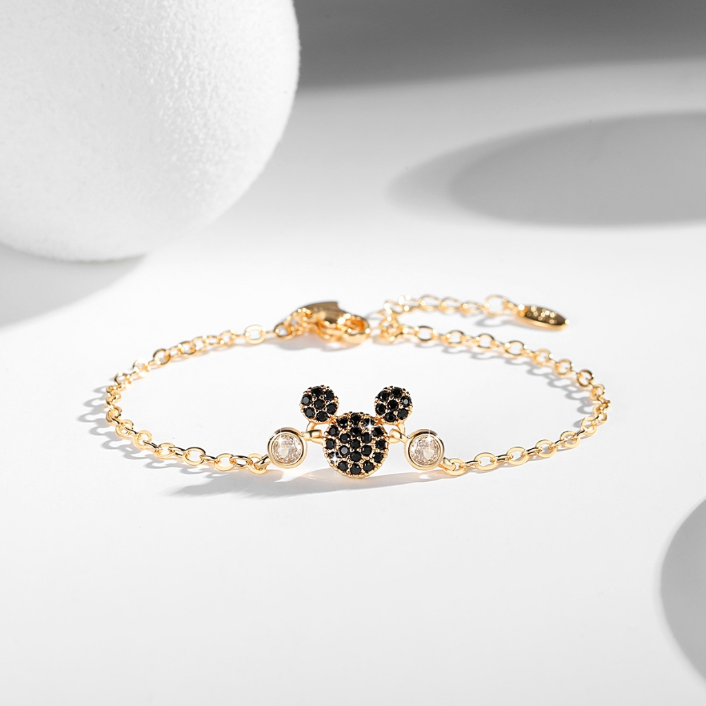 Lanmi Jewelry Gelang Rantai Mickey Mouse Kristal Aksesori Perhiasan Fashion Wanita Dewasa Baja Tahan
