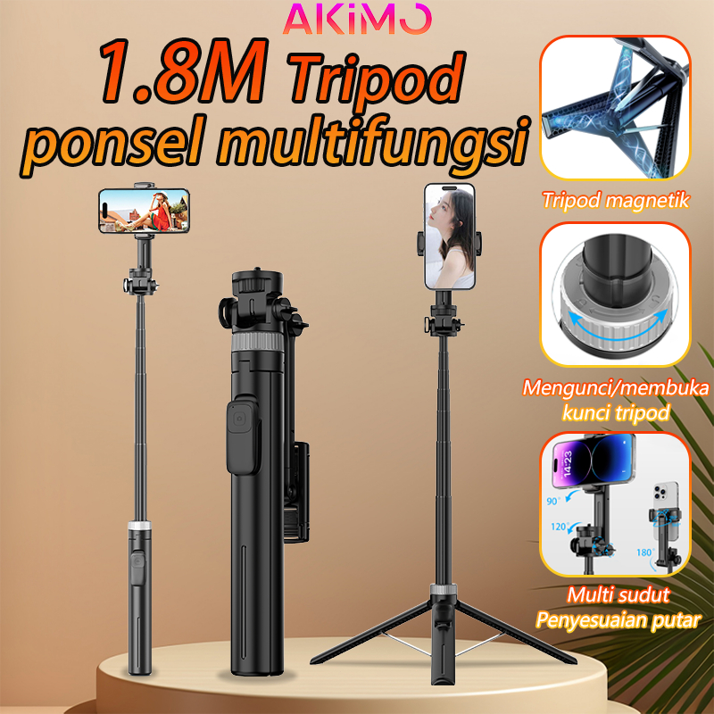 AKIMO Multifungsi 180cm Tongsis Aluminium Tripod Bluetooth Remote Selfie Stick Tripod HP Holder Stan