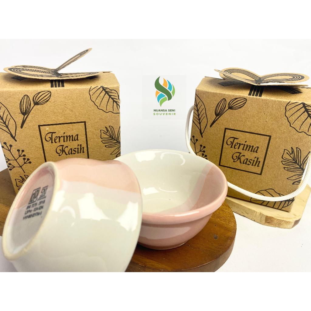 Souvenir Mangkok Keramik Kecil Mangkok Sambal Mangkuk Tri Tone Porselen Warna Polos Kemas Box Rustic