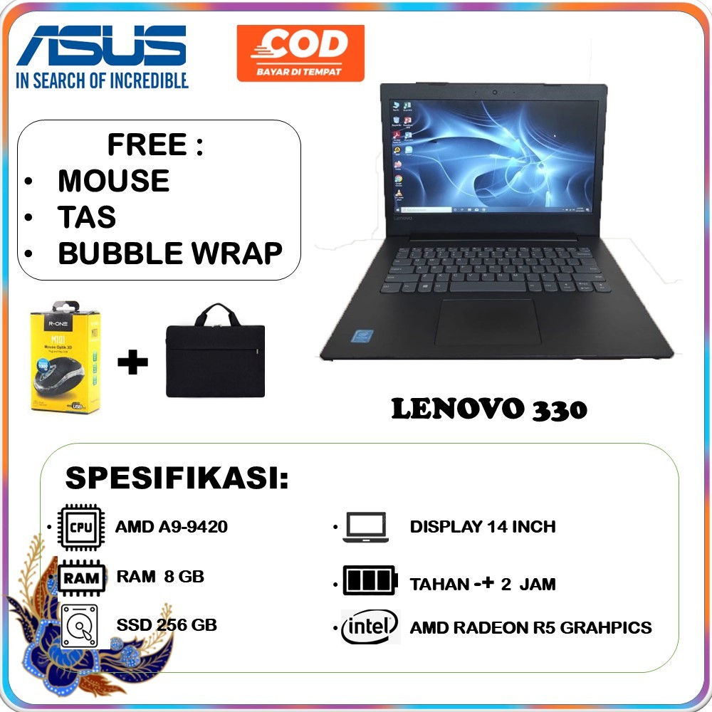 LENOVO IDEAPAD 330 AMD A9-9430 RAM 8GB LAPTOP SLIM SERI MUDAH