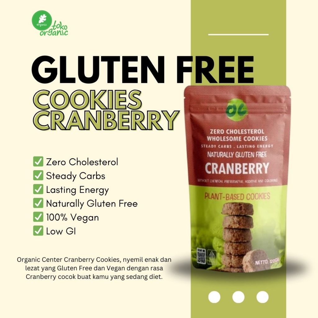 

Organic Center Naturally Gluten Free Cranberry Cookies (120gr) Kue Kering Bebas Gluten rasa Cranberry | Cookies Cranberry Vegan Friendly, Kue Kering Sehat, Camilan Diet Rendah Gula