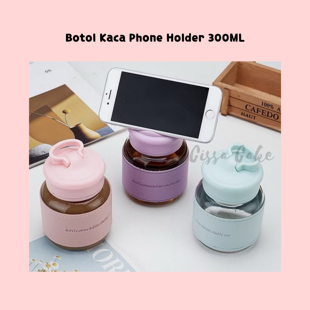 Botol Kaca Lucu Phone Holder BPA Free 300ML Botol Travel Botol Mini Kaca Botol Kopi Susu Madu Jus