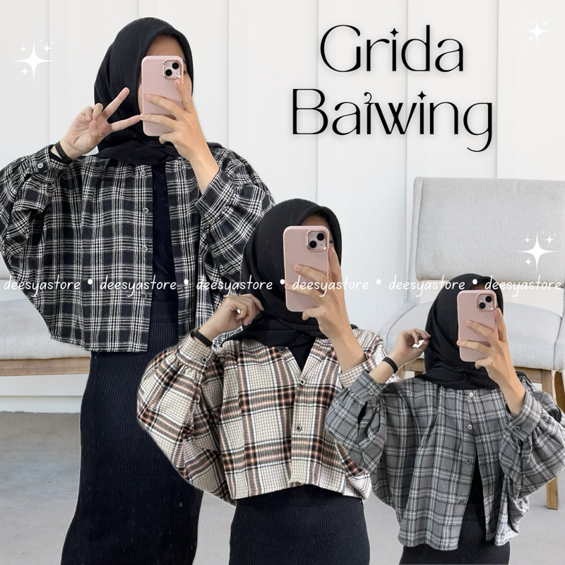 GRIDA BATWING CROP TOP || KEMEJA FLANEL PANJANG || ATASAN FLANEL || BLOUSE MOTIF KOTAK KOTAK || KEME
